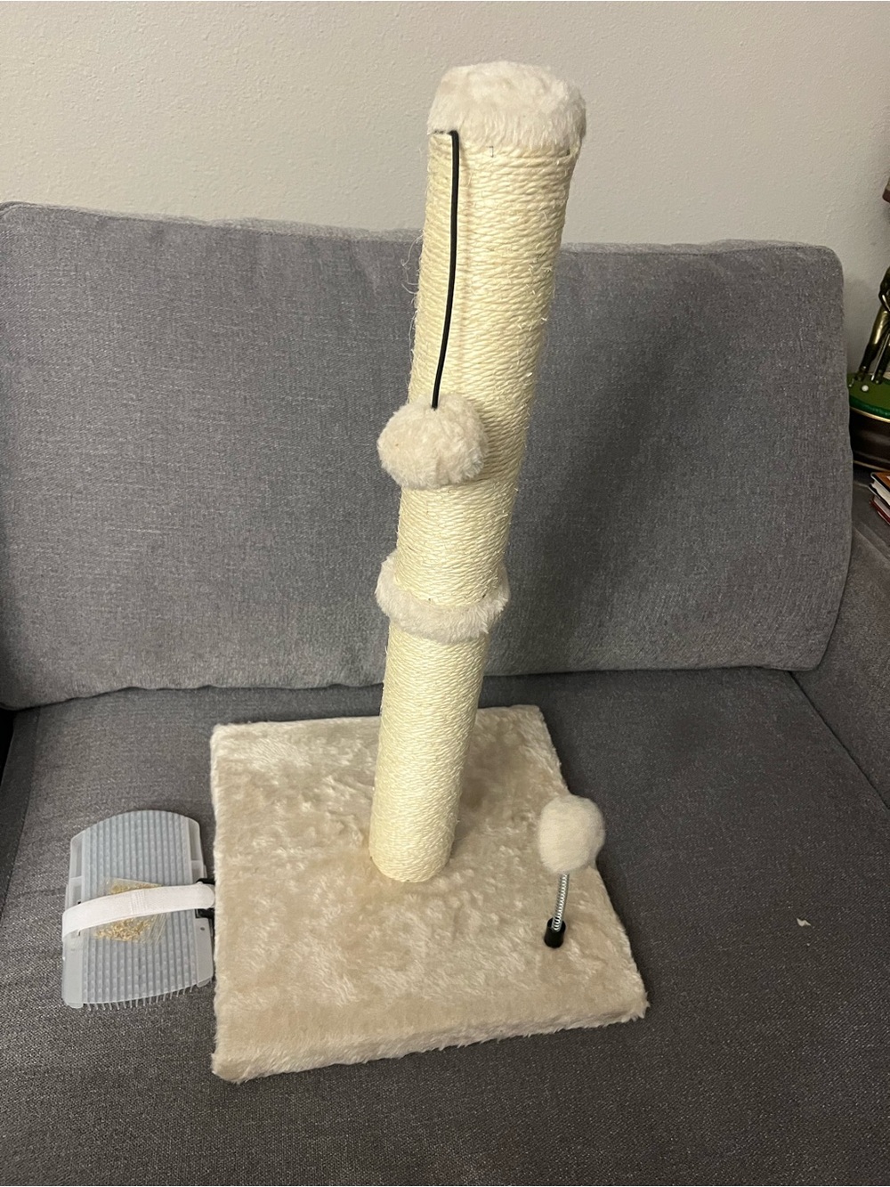 Beige Plush Sisal Cat Scratching Post with Toys